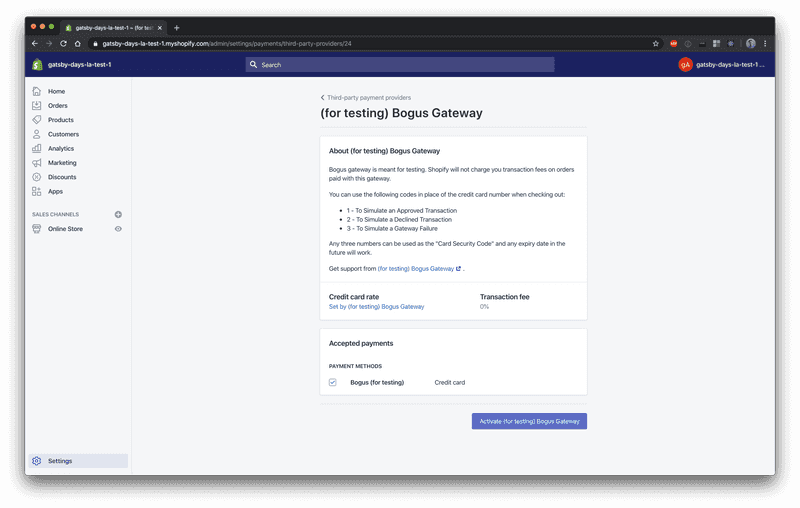 A screenshot of Shopify's Bogus Gateway setup screen